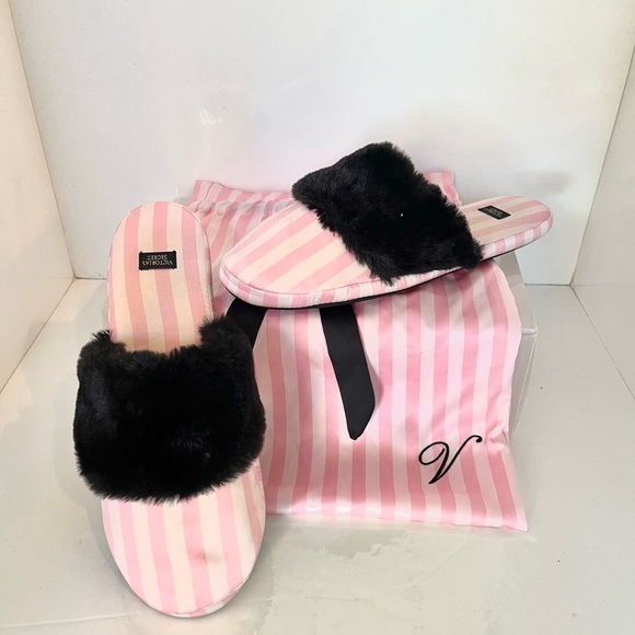 BUNDLE ME! Victoria Secret Satin Pink Striped Slippers with Black Faux Fur Trim - Picture 2 of 7